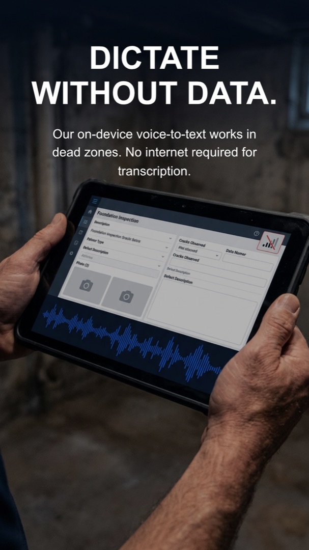 Inspector dictating into iPad in basement with poor signal