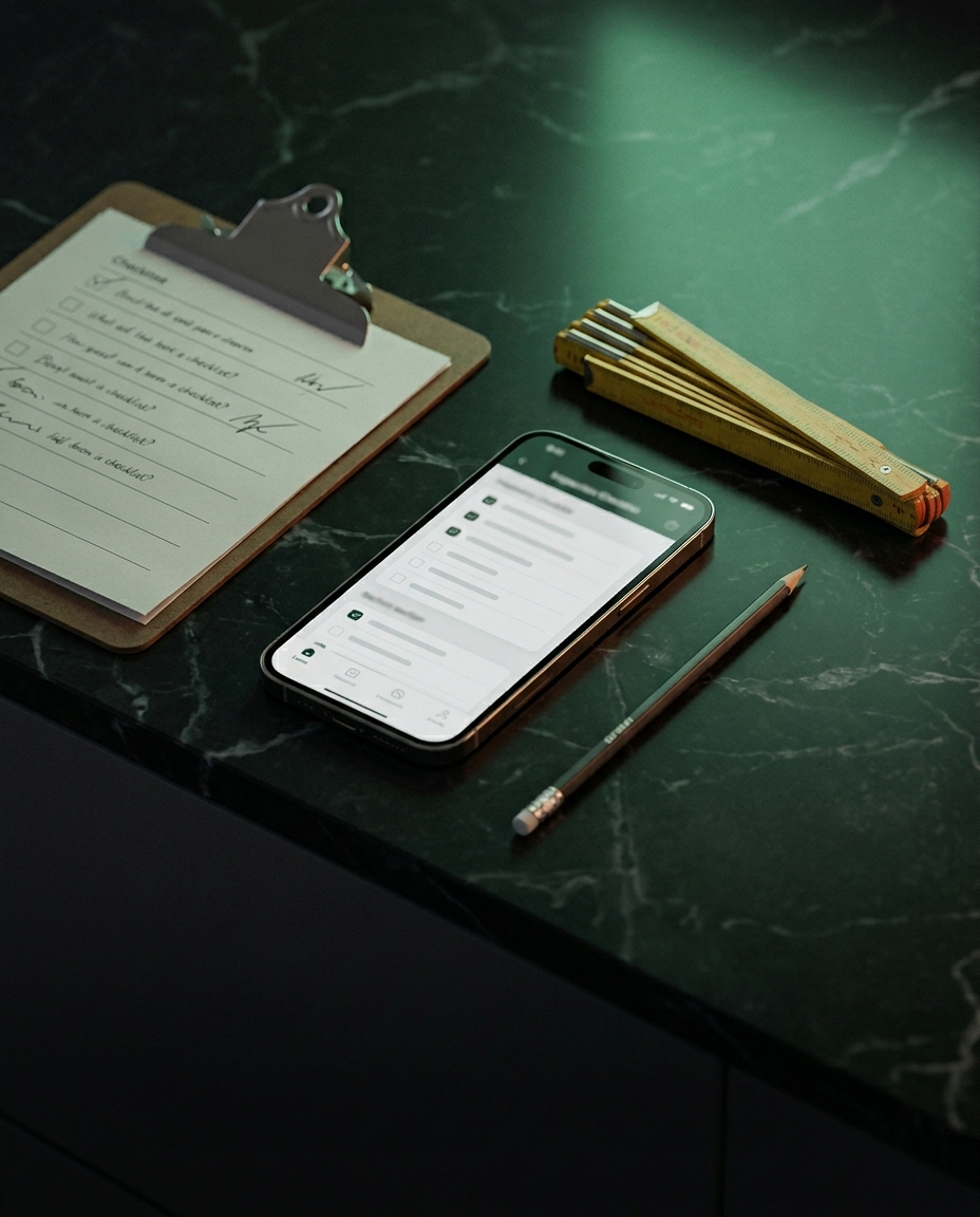 An iPhone running OnSiteNotes on a marble counter, beside a clipboard checklist and a folding wooden ruler.